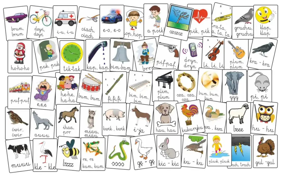 Zestaw kart z obrazkami i dźwiękami: brum, dzyń, i-u, ciach, e-o, hop, ho-ho-ho, puk, tik-tak, kap, bim-bam, szszsz, pik, fra-ta, gruchu, klap, puf-puf, e-e-e, he-he, bum, fi-fi, bim, plim, sza, bum, yyy, pi, ćwir, auuu, miau, kwik, i-ja, hau, kukuryku...
