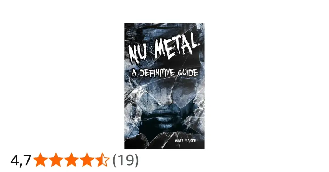 Okładka książki "Nu Metal: A Definitive Guide" z Mattem Karpe. Rozbite szkło i mroczny klimat sugerują energię gatunku nu metal.
