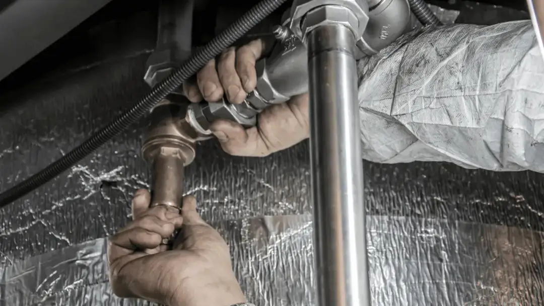 Dłonie hydraulika pracują nad połączeniem rur. Zastanawiasz się, czym rozpuścić kamień w rurach?