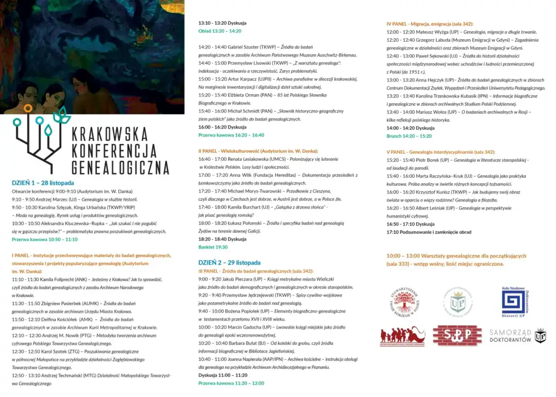 Grafika z logo "Krakowska Konferencja Genealogiczna" i fragmentem obrazu.