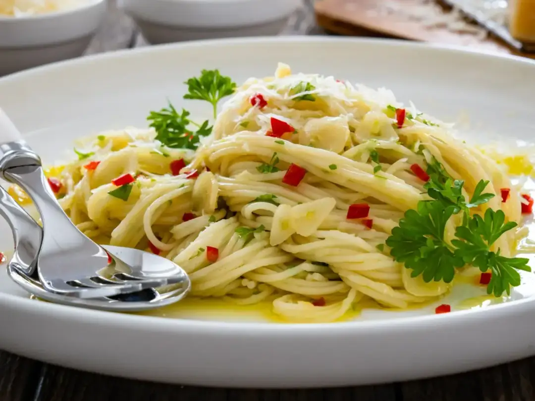 Pyszne spaghetti aglio e olio z czosnkiem, chili i natką pietruszki. Takie danie pokazuje, co można zrobić z makaronu spaghetti.