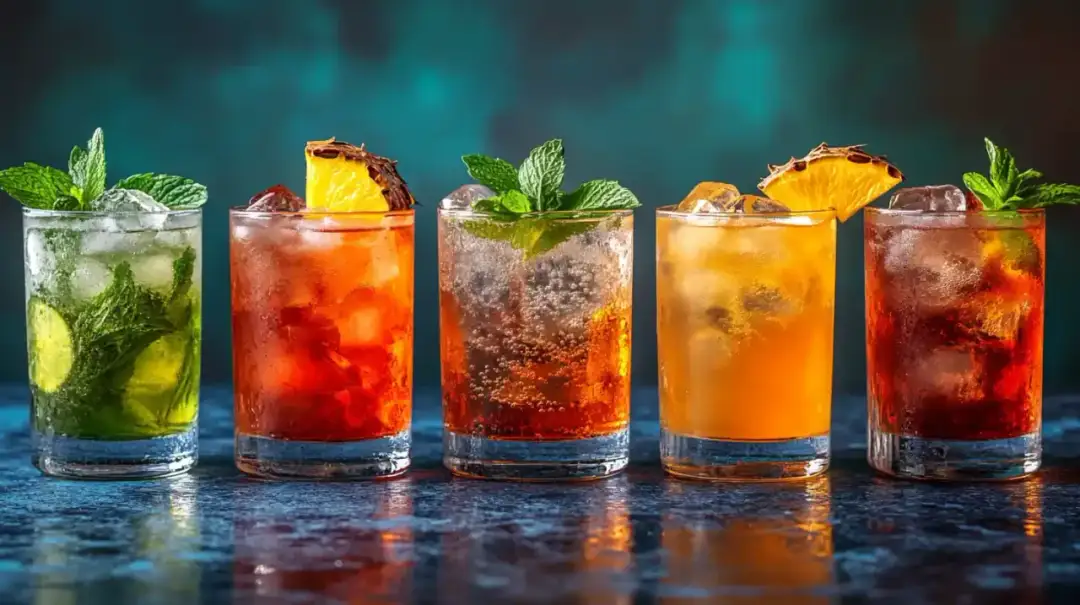 Pięć kolorowych drinków z colą, lodem i owocami, ozdobionych miętą i plasterkami ananasa.