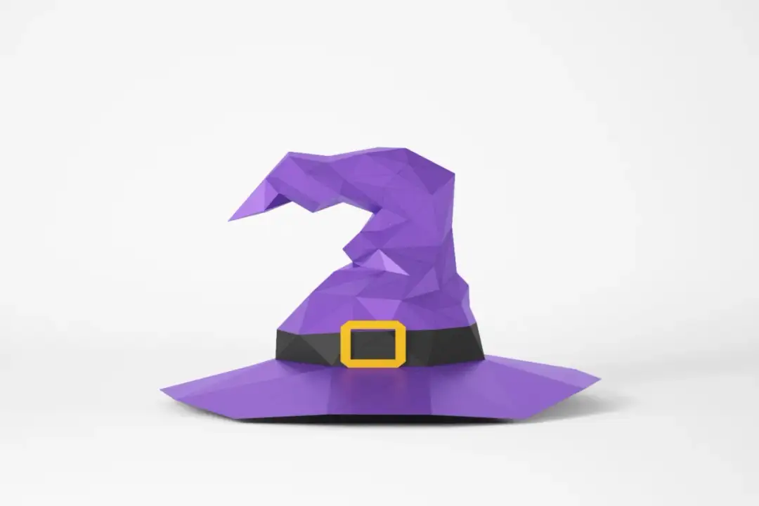 Fioletowy, geometryczny kapelusz czarownicy z żółtą klamrą. Idealny, by dowiedzieć się, jak zrobić kapelusz czarownicy na Halloween.