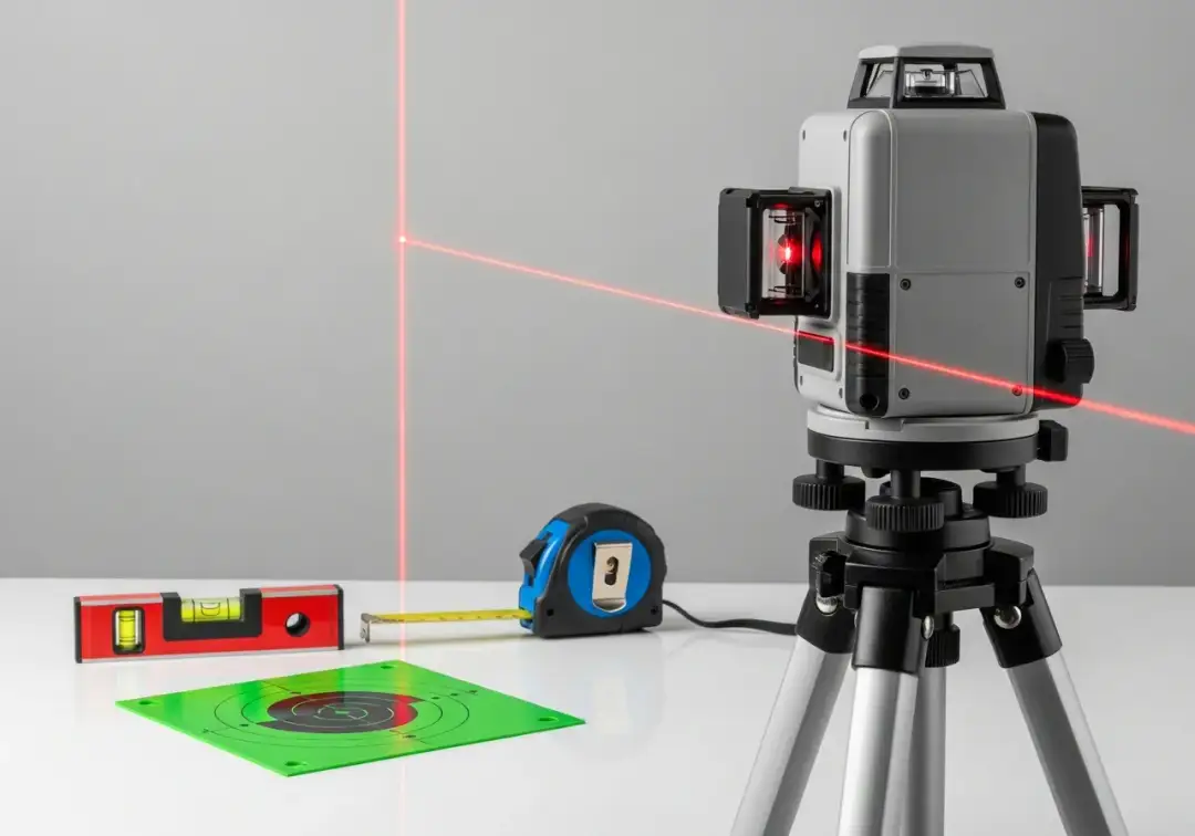 Poziomica laserowa z czerwonymi liniami, miarką, tarczą celowniczą i poziomicą libellową.