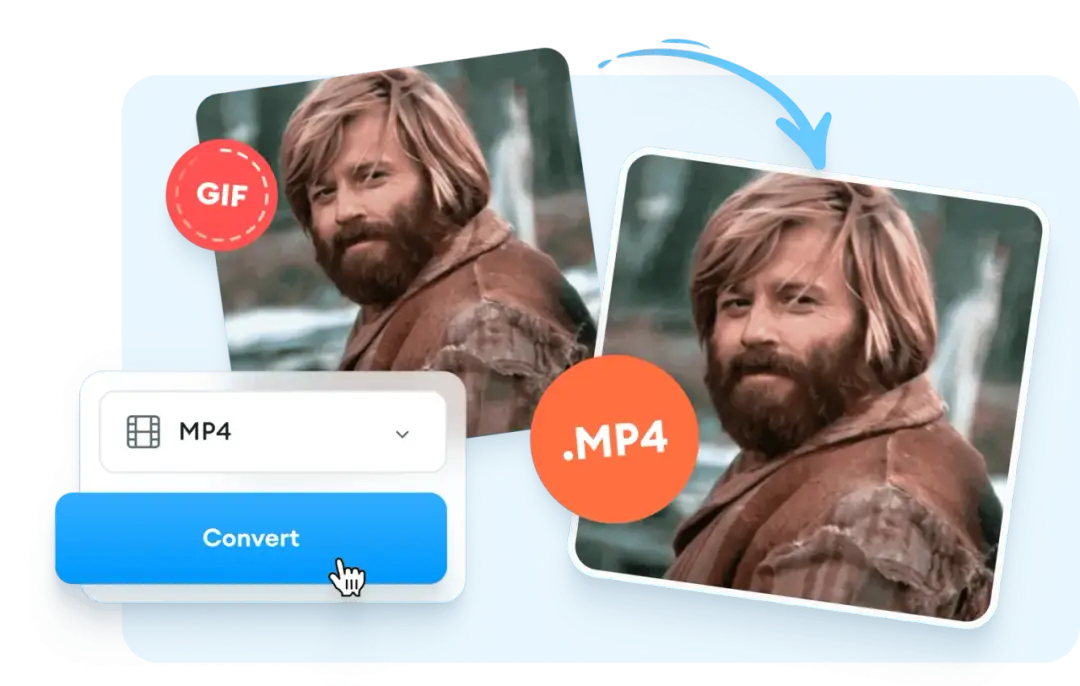 Grafika przedstawia konwersję GIF do MP4 z przyciskiem "Convert".