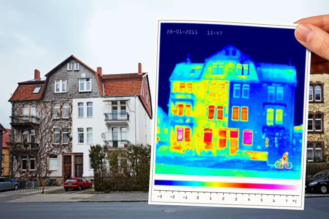 Wyniki badań kamerą termowizyjną pokazują dom z widocznymi mostkami cieplnymi.