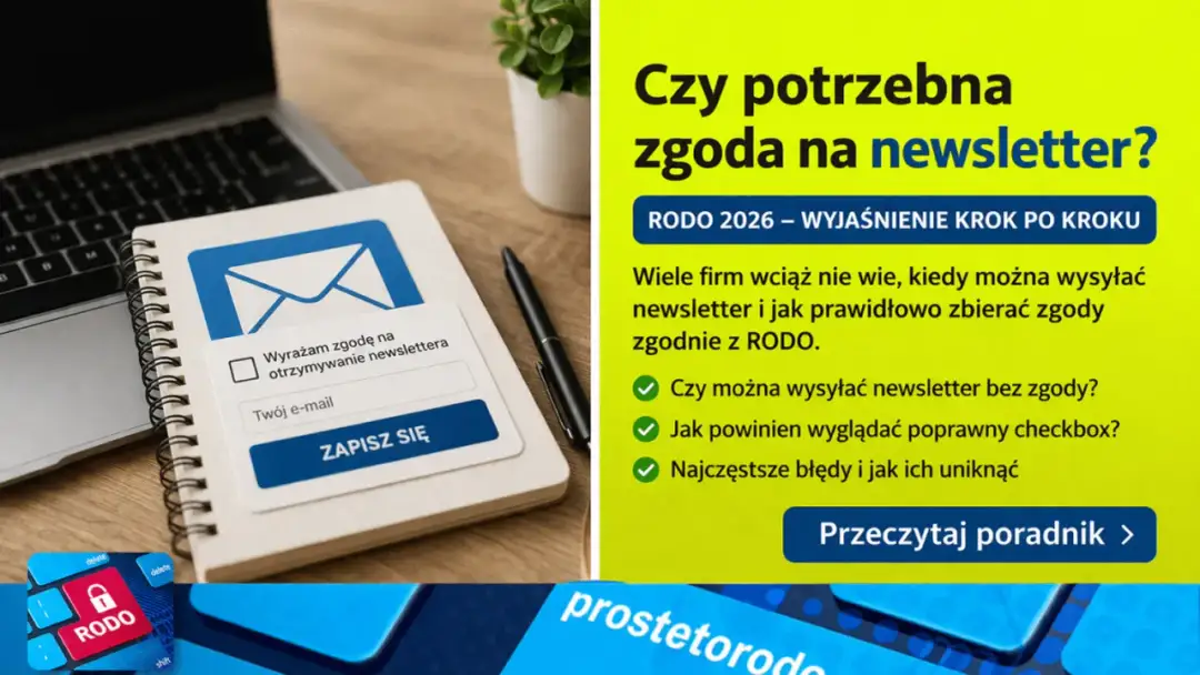Formularz zapisu na newsletter z zaznaczoną zgodą, obok tekst o RODO i potrzebie zgody na newsletter.