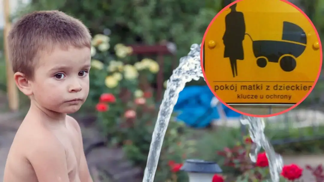 Chłopiec obok fontanny, a obok znak "pokój matki z dzieckiem". Jak szybko dziecko zrobi siku?