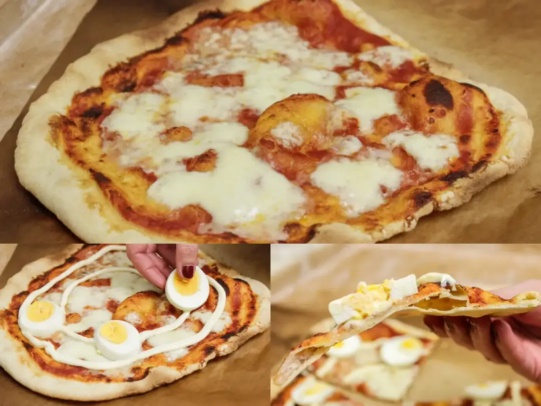 Pizza na cienkim, chrupiącym cieście z serem i jajkiem.