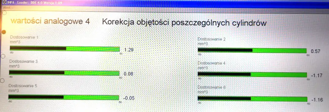 Ekran diagnostyczny pokazuje dopuszczalne korekty wtryskiwaczy dla każdego cylindra. Wartości wahają się od -1.17 do 1.29 mm^3.