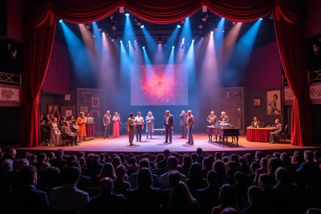 Scena teatralna z aktorami i widownią. Spektakl w teatrze trwa, światła reflektorów oświetlają scenę, na której rozgrywa się akcja.