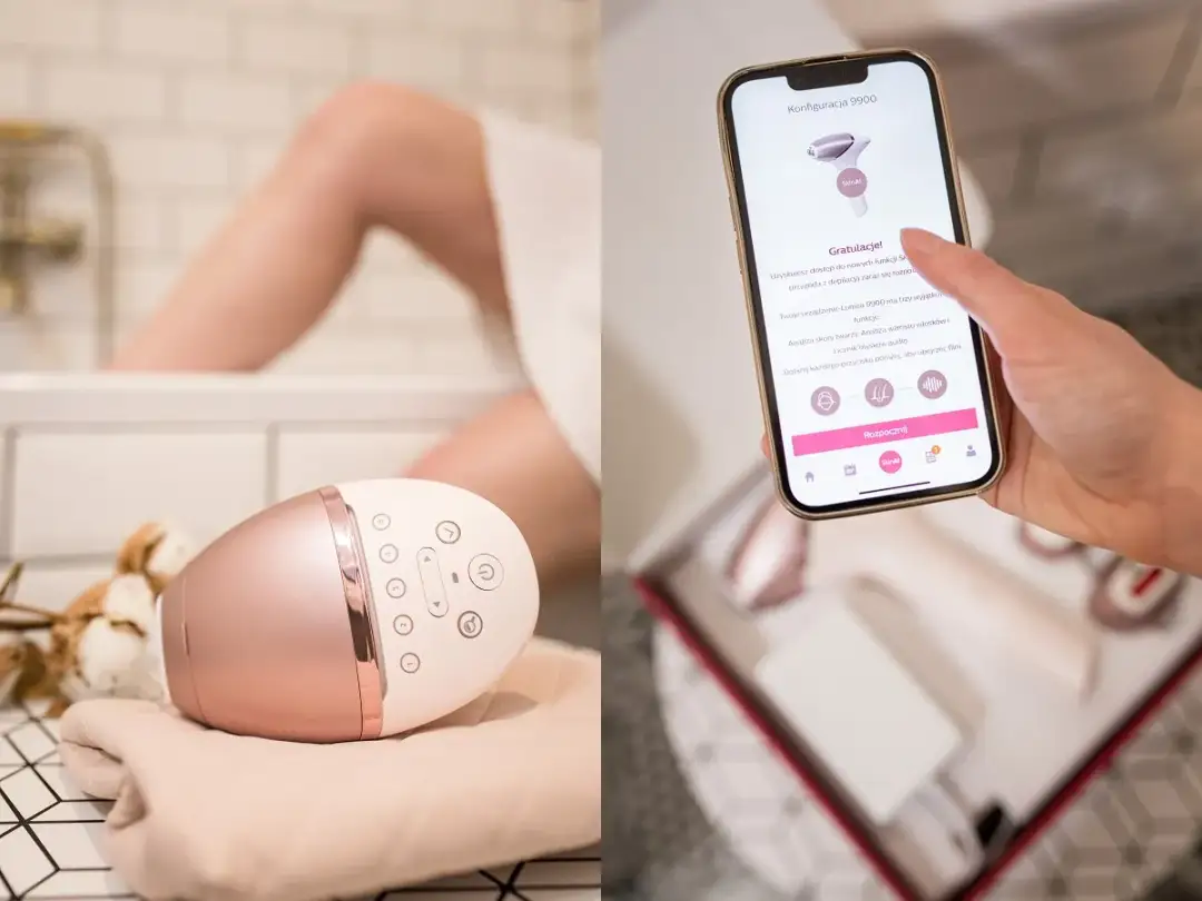 Philips Lumea 9900: opinie o innowacyjnej depilacji. Urządzenie i aplikacja w akcji, pokazujące zaawansowane funkcje.