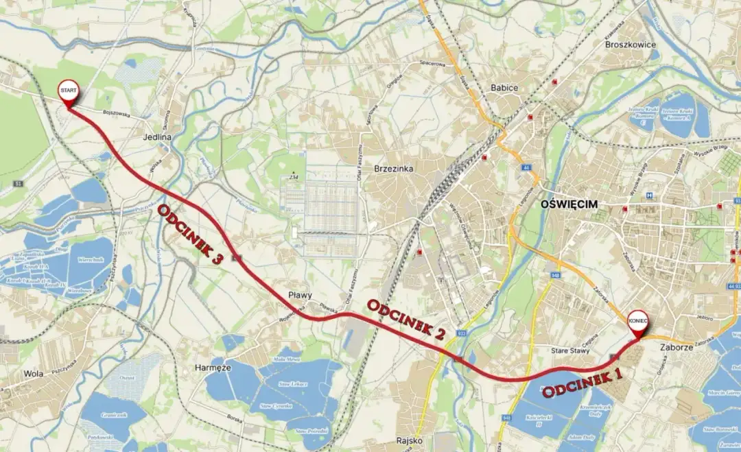 Mapa przedstawia przebieg obwodnicy Oświęcimia, podzielonej na trzy odcinki: 1, 2 i 3, z zaznaczonymi punktami START i KONIEC.