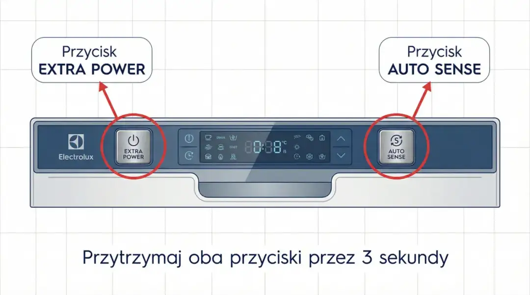 Aby włączyć Machine Care w zmywarce, przytrzymaj przyciski EXTRA POWER i AUTO SENSE przez 3 sekundy.