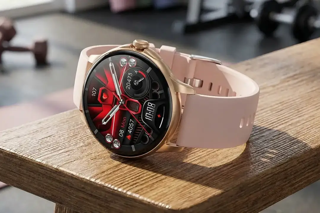 Złoty smartwatch z różową opaską na drewnianym blacie.