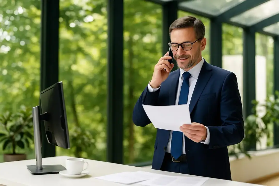 Biznesmen w garniturze rozmawia przez telefon, trzymając dokumenty. Zastanawia się, czy JDG może zatrudniać.