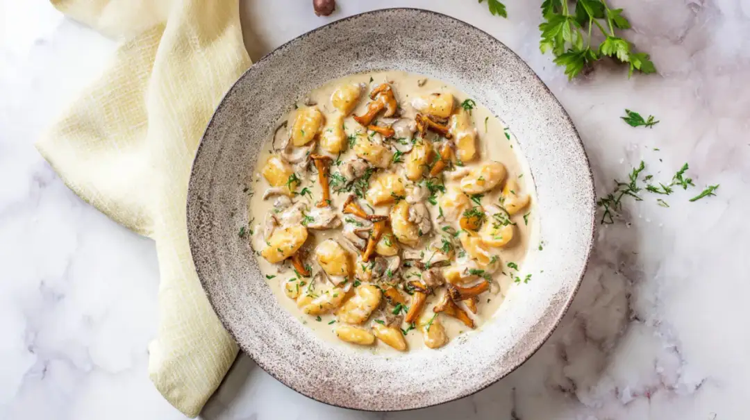 Puszyste gnocchi w kremowym sosie z kurkami i posiekaną natką pietruszki, podane w rustykalnej misce.