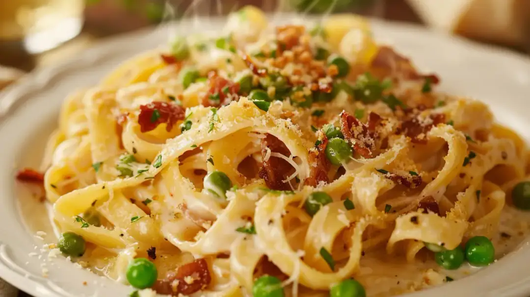 Tagliatelle w sosie śmietanowym z boczkiem i zielonym groszkiem