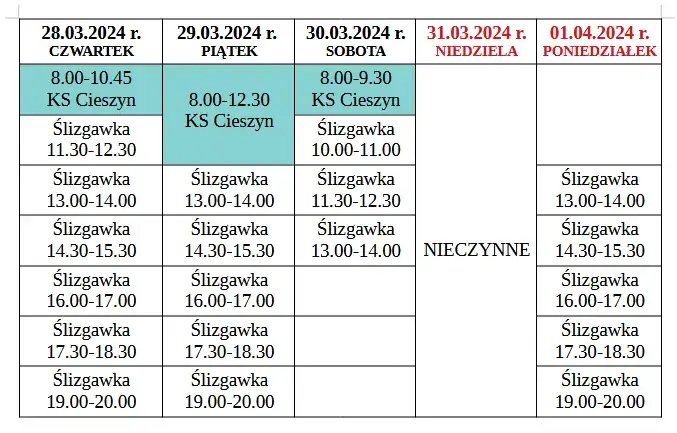 Aktualny harmonogram lodowiska w Cieszynie - godziny i ceny Aktualny harmonogram lodowiska w Cieszynie - godziny i ceny