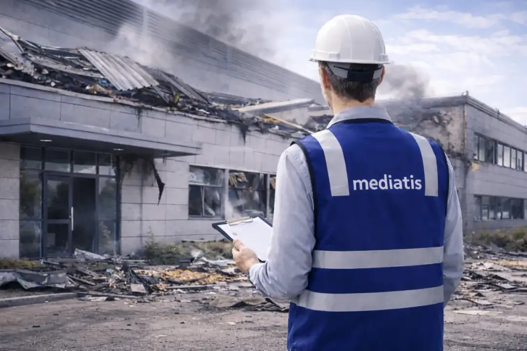 Pracownik w kamizelce z napisem "mediatis" dokonuje kontroli stanu technicznego budynku po pożarze.