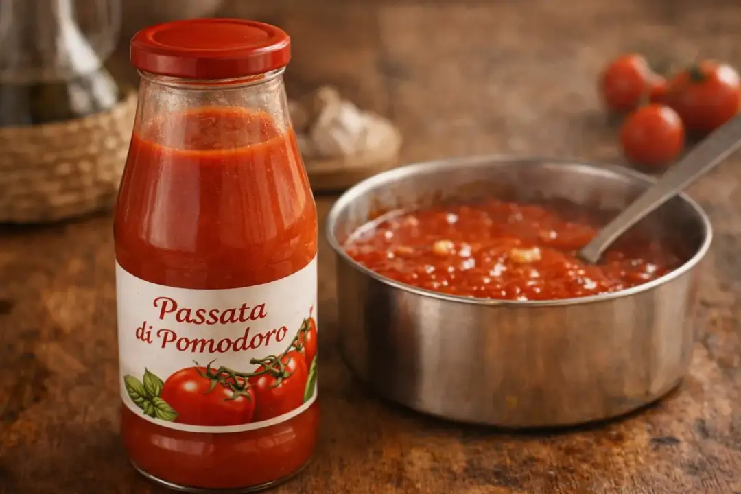 Butelka passaty pomidorowej i miska sosu. Czy passata nadaje się do pizzy? Tak, to idealna baza!