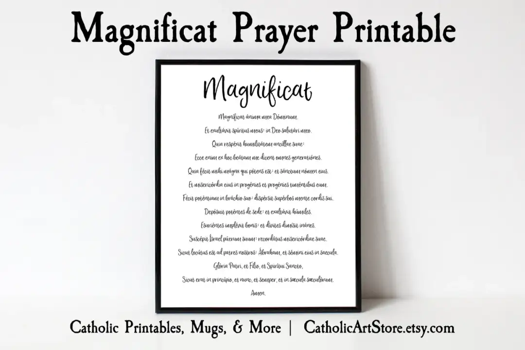 Magnificat. "Wielbi dusza moja Pana" - wydruk modlitwy Magnificat w czarnej ramce.