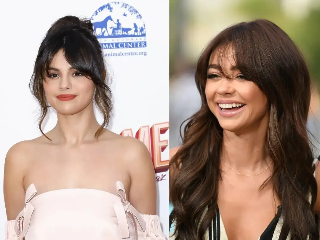 Selena Gomez i Sarah Hyland z grzywką wyszczuplającą twarz. Obie wyglądają olśniewająco.
