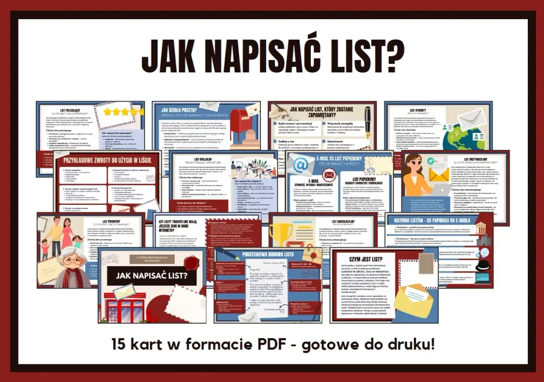 Zbiór 15 kart PDF z poradami, jak zacząć list, jak napisać list motywacyjny, prywatny i oficjalny.