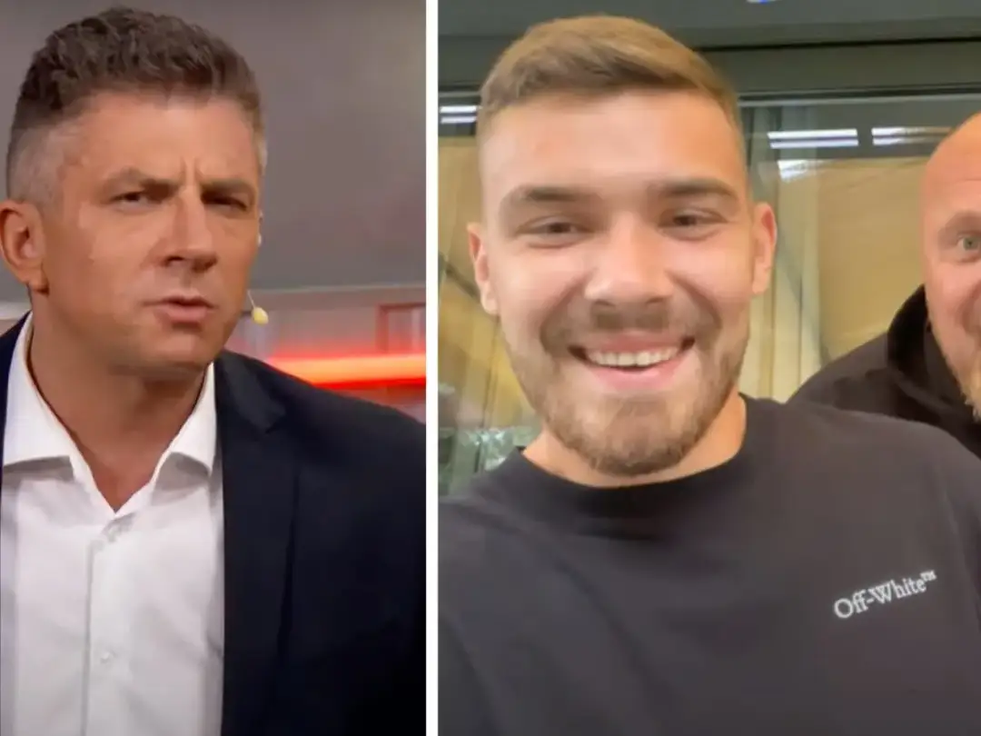 Mateusz Borek z synem, uśmiechnięty młody mężczyzna w czarnej koszulce i jego ojciec w garniturze.