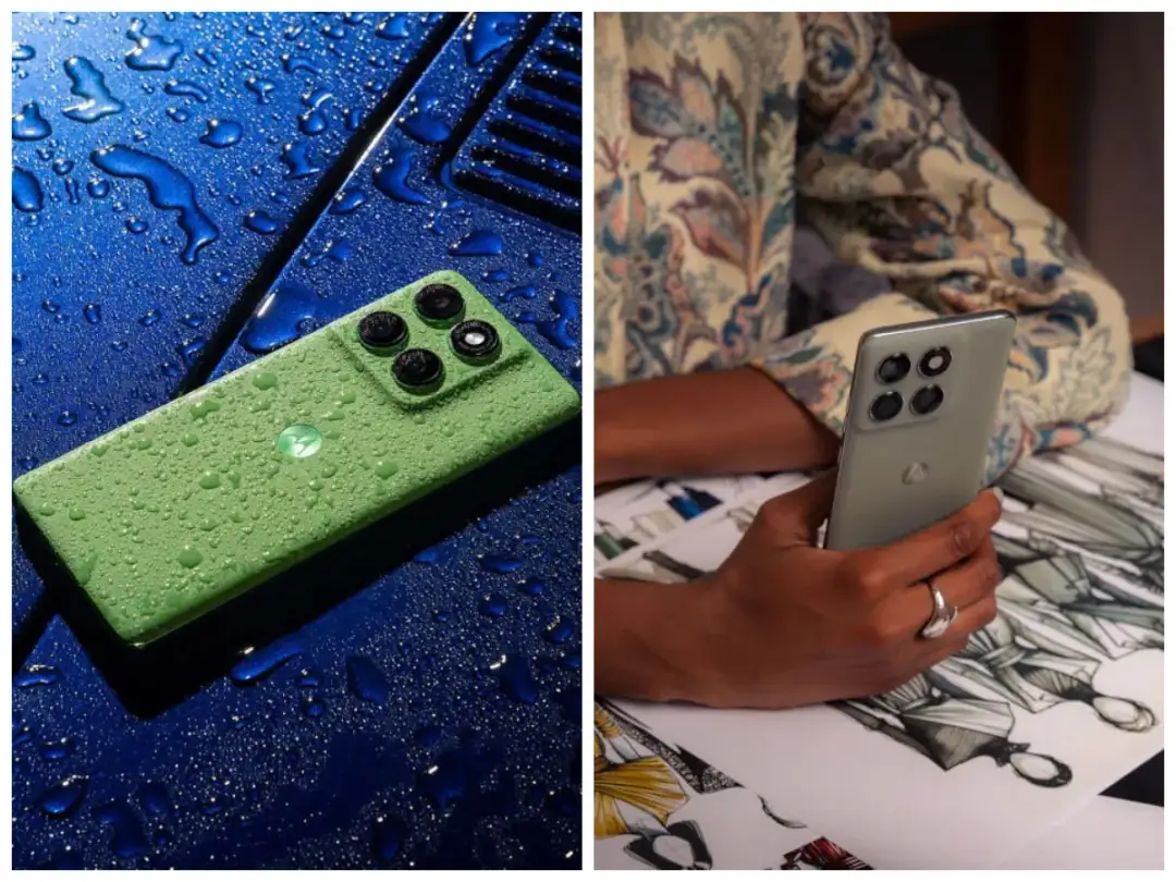 Zielony telefon z aparatem jak lustrzanka, pokryty kroplami wody, leży na niebieskiej powierzchni. Obok, ten sam telefon w dłoni, na tle szkiców modowych.