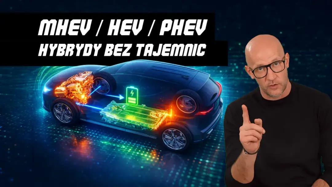 Wyjaśnienie, jak działa hybryda: schemat samochodu z widocznym silnikiem i baterią, obok mężczyzna tłumaczący.