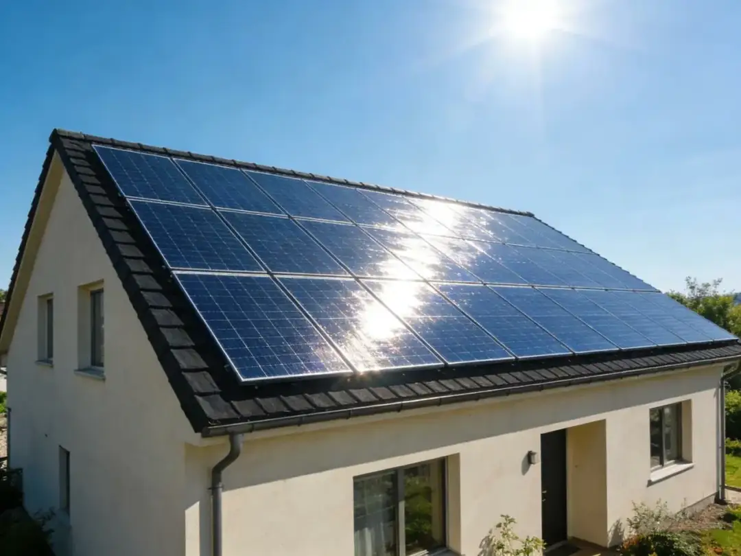Nowoczesna instalacja PV na dachu domu, lśniąca w słońcu. Ekologiczne rozwiązanie dla domu.