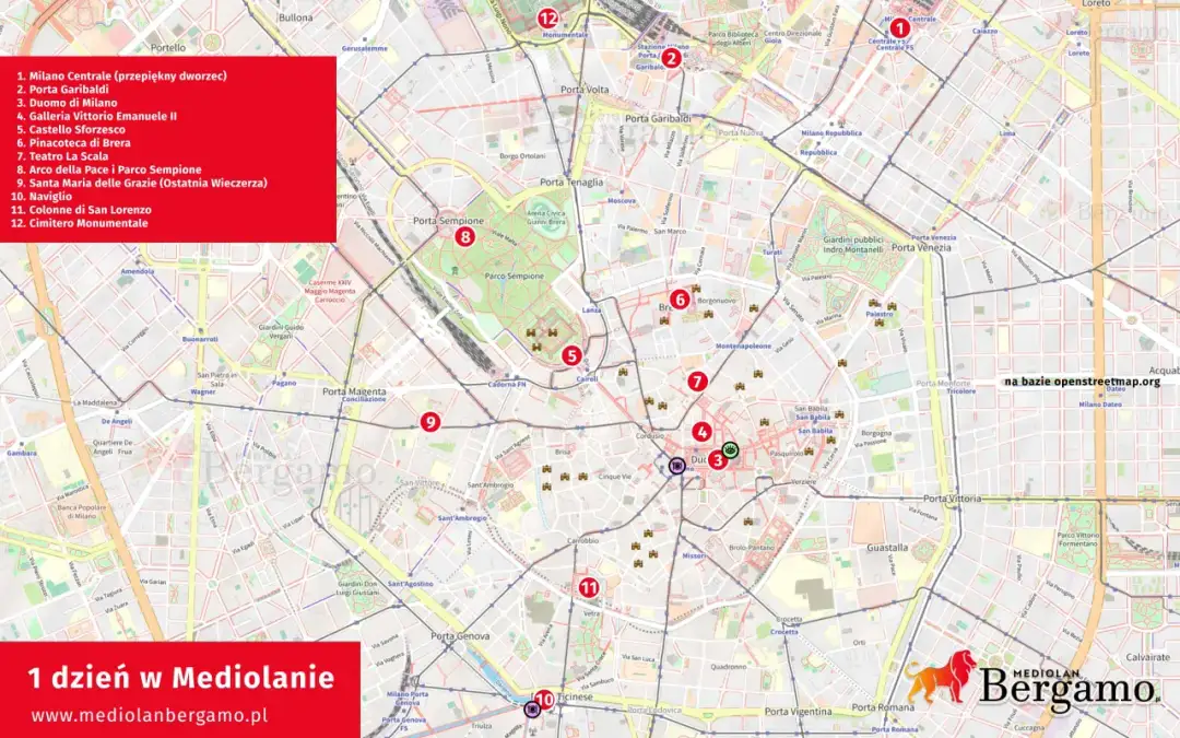 Planujesz **1 dzień w Mediolanie**? Mapa pokazuje trasę od dworca do zamku, przez Duomo, Naviglio i inne atrakcje.