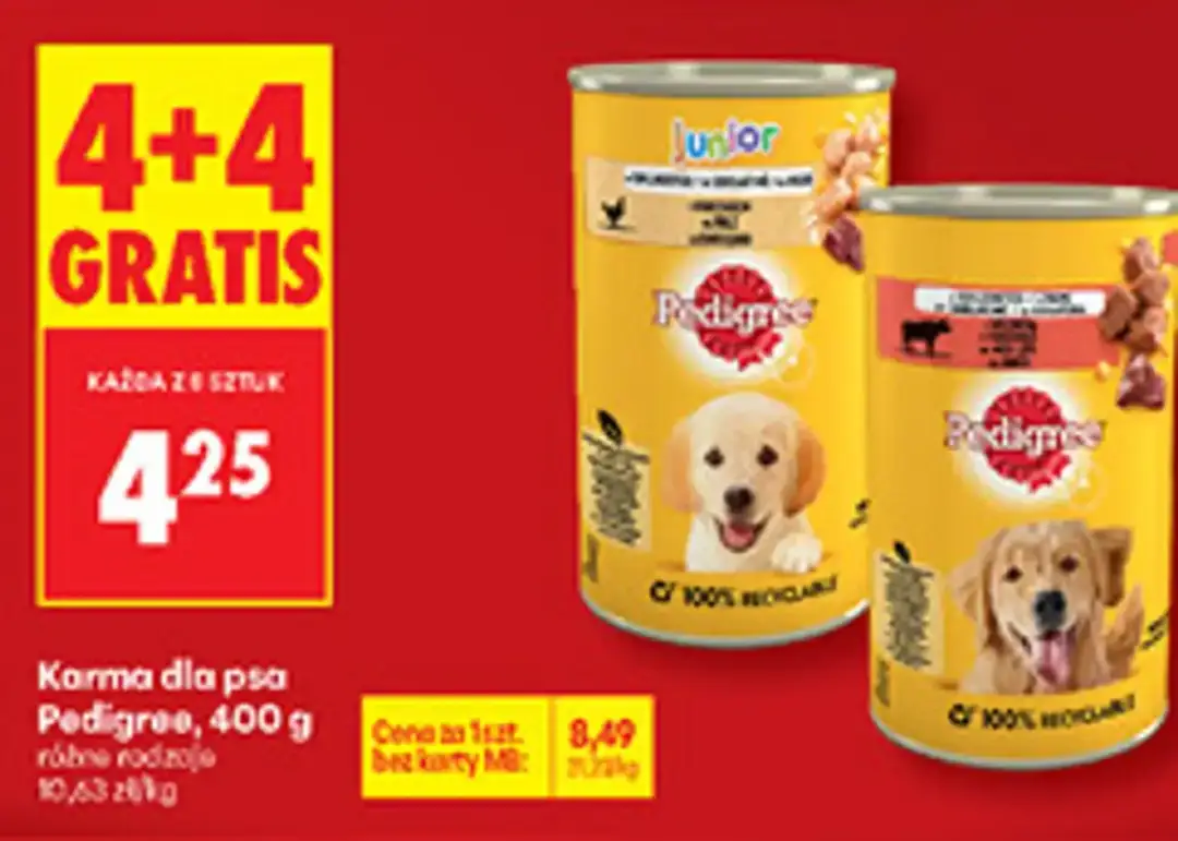 Puffi karma dla psa Pedigree w puszkach z wizerunkami szczeniąt. Promocja 4+4 gratis.