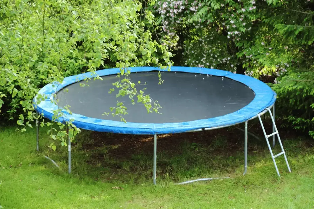 Jak zabezpieczyć trampolinę przed wiatrem? Okrągła trampolina z niebieską osłoną sprężyn stoi na trawie, otoczona zielenią.
