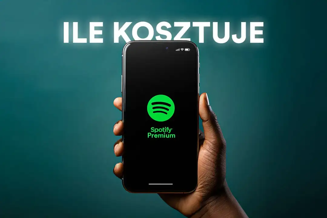 Dłoń trzyma smartfon z logo Spotify Premium. Napis "Ile kosztuje Spotify Premium" sugeruje, że warto sprawdzić, co daje ta usługa.