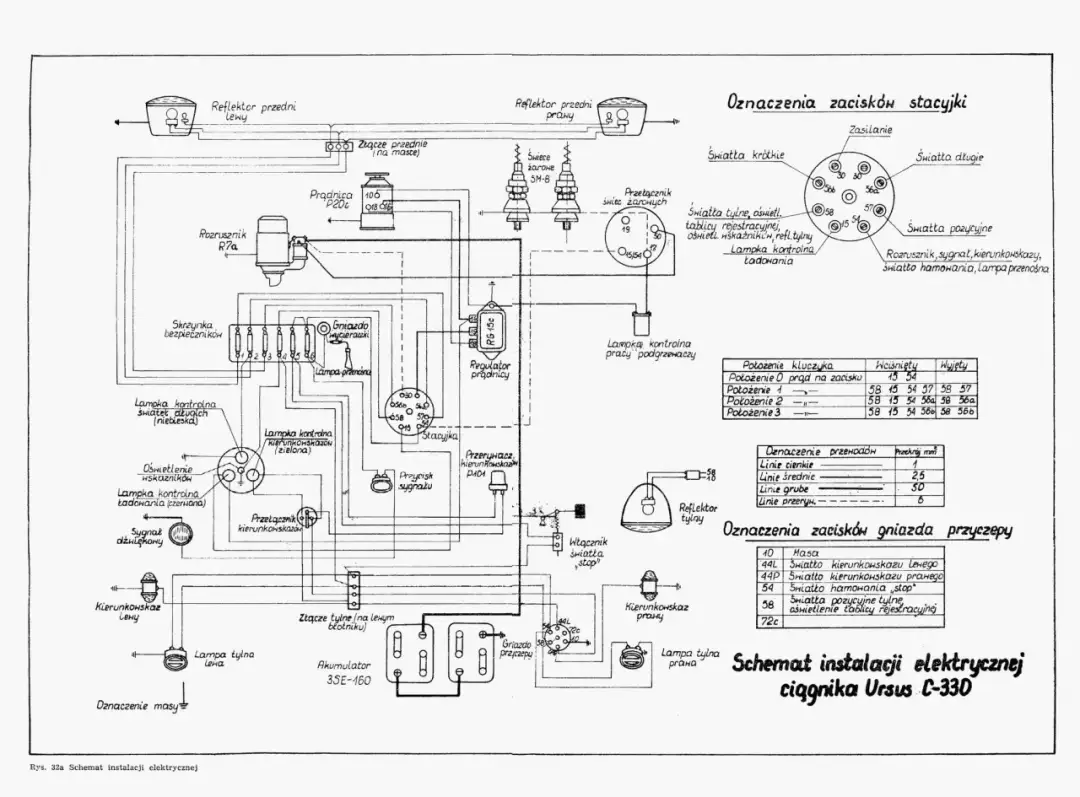 Schemat instalacji elektrycznej Ursus C-330. Pokazuje jak podłączyć regulator napięcia do prądnicy, światła, rozrusznik i inne elementy.
