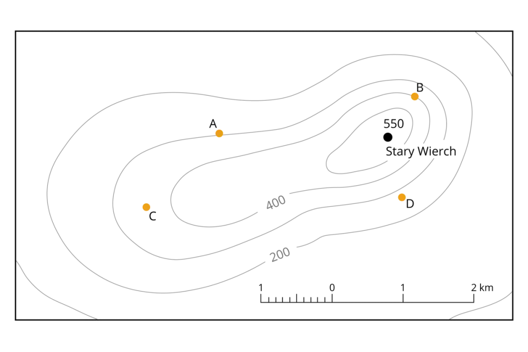Mapa z zaznaczonymi punktami A, B, C, D i szczytem "Stary Wierzch" na tle poziomic.
