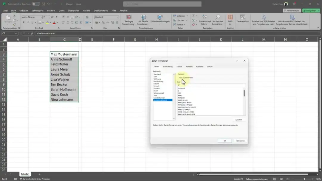 Arkusz kalkulacyjny Excel z listą imion i nazwisk oraz oknem formatowania komórek.