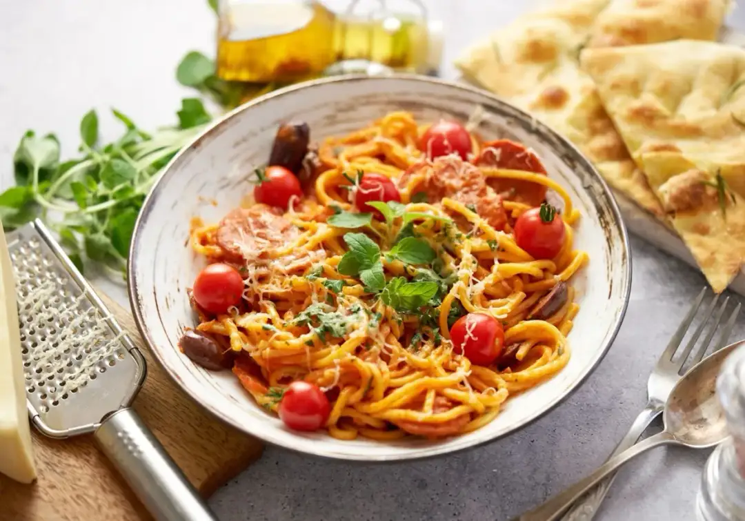 Pyszne spaghetti z pikantnym chorizo, pomidorkami koktajlowymi i świeżą bazylią, posypane parmezanem. Idealne danie dla miłośników włoskich smaków.