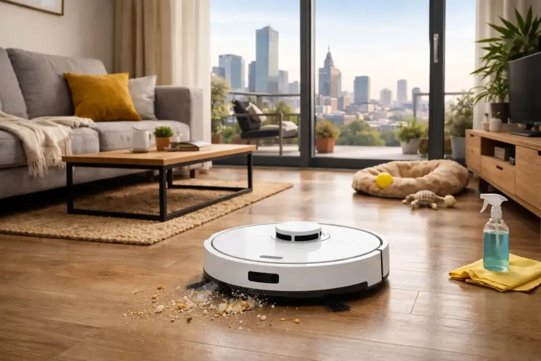 Robot sprzątający z funkcją aktywnego mopowania zbiera okruchy, ułatwiając utrzymanie czystości w nowoczesnym salonie z widokiem na miasto.