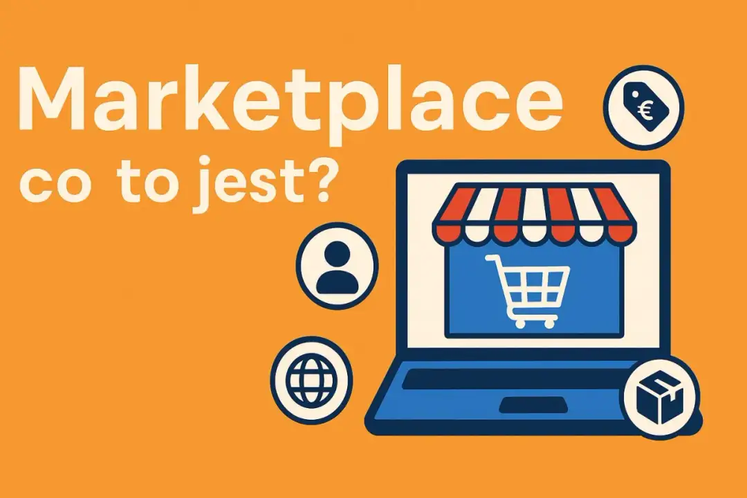 Marketplace: co to jest? Ikony symbolizują handel online, użytkowników i globalny zasięg. Laptop z wózkiem sklepowym i markizą.