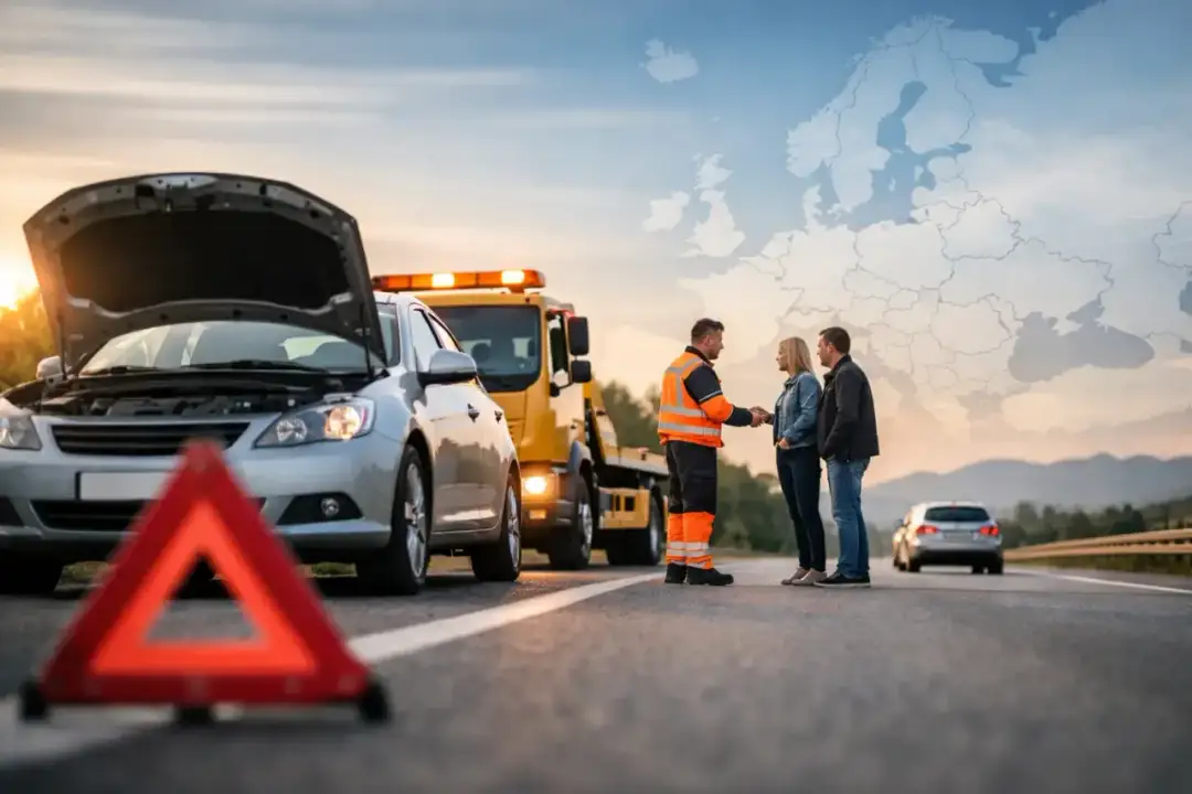 Awaria samochodu za granicą? Krótkoterminowe assistance pomoże. Pomoc drogowa, para i mapa Europy.