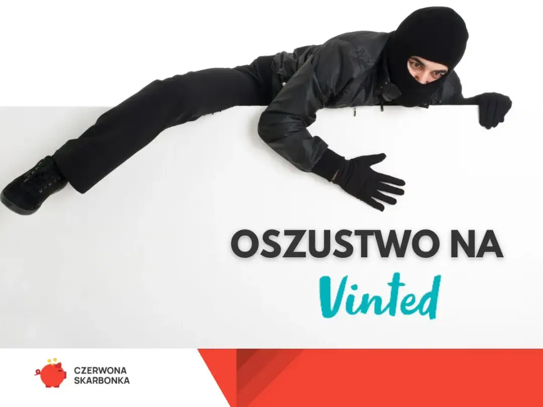 Złodziej w masce na białym tle. Napis "Oszustwo na Vinted". Jak rozpoznać objawy oszustwa na portalach ogłoszeniowych i nie dać się nabrać.