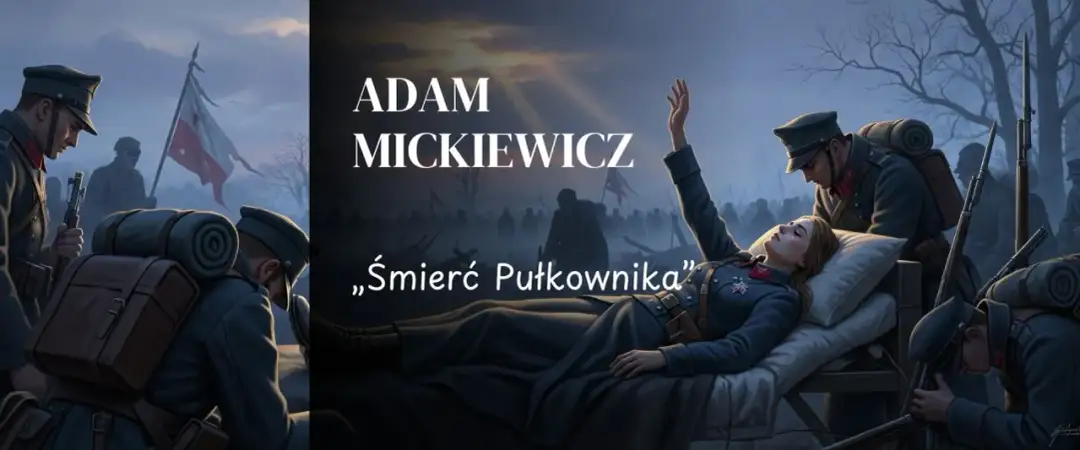 Adam Mickiewicz, "Śmierć Pułkownika" streszczenie: żołnierze przy umierającej kobiecie w mundurze, symboliczny obraz walki i poświęcenia.