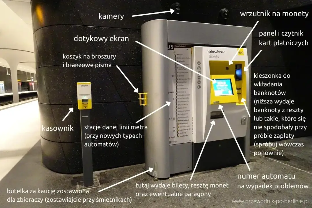 Automat do biletów w Berlinie: dotykowy ekran, wrzutnik monet, kieszonka na banknoty. Jak poruszać się po Berlinie? Ten automat pomoże Ci kupić bilet.