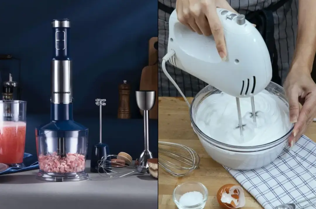 Dwa urządzenia kuchenne: blender ręczny z rozdrobnionym mięsem i mikser ręczny ubijający pianę.