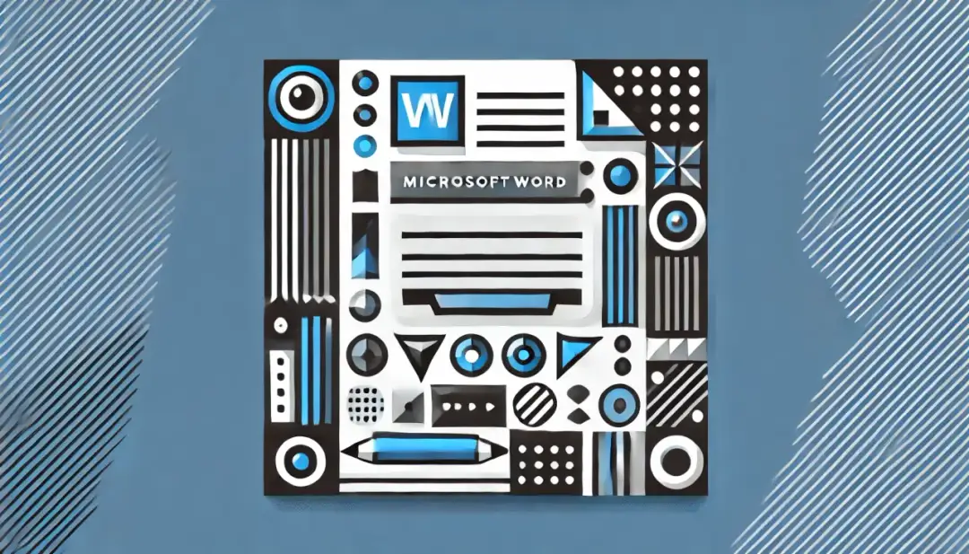 Grafika z ikonami Microsoft Word i elementami geometrycznymi. Dowiedz się, jak ustawić bibliografię alfabetycznie w Wordzie.