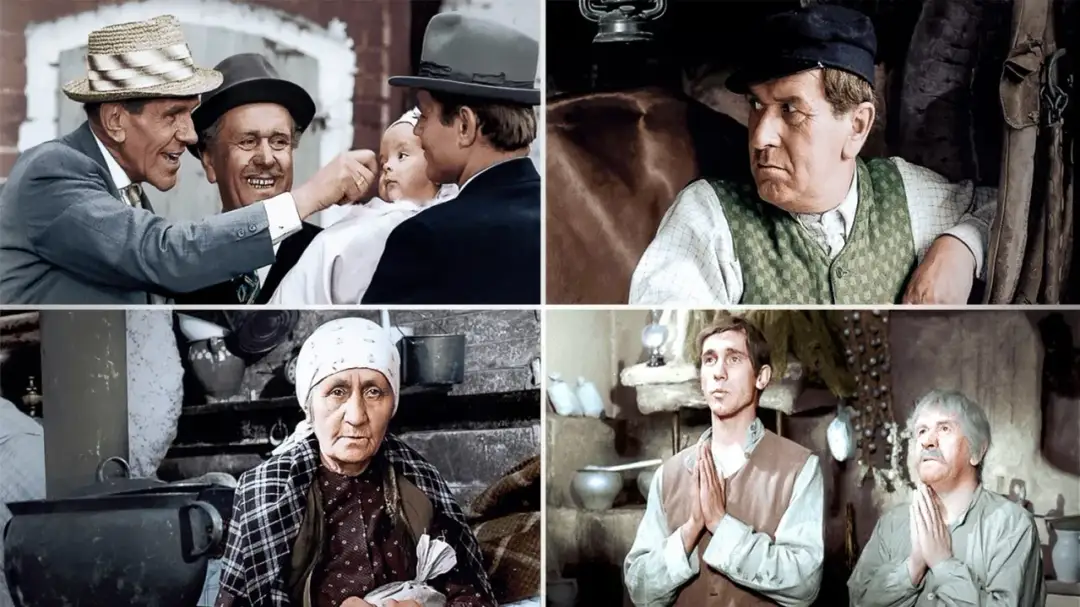 Czteroczęściowy kadr z filmu. W górnym lewym rogu dwaj mężczyźni cieszą się z dziecka, sugerując, ile pawlak miał dzieci.