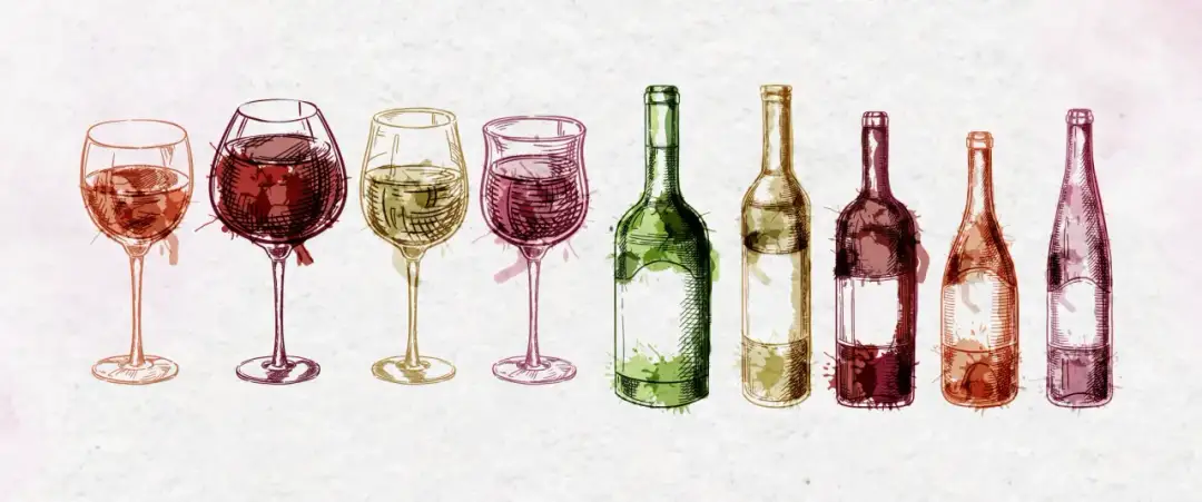 Rysunki kieliszków i butelek wina. Każdy napój ma swój unikalny kolor, sugerujący, ile wino ma procent.